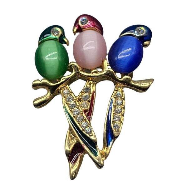 Australian Crystal Parrot Brooch Trio of Birds on Perch Multicolor Jelly Belly - Picture 3 of 8